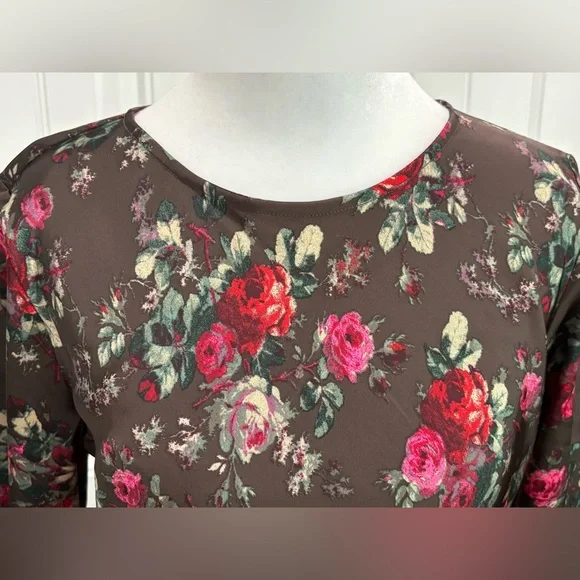 GAP Womens Satin Floral Long Sleeve Dress - Brown with Pink & Red Roses Size S - Picture 4 of 10